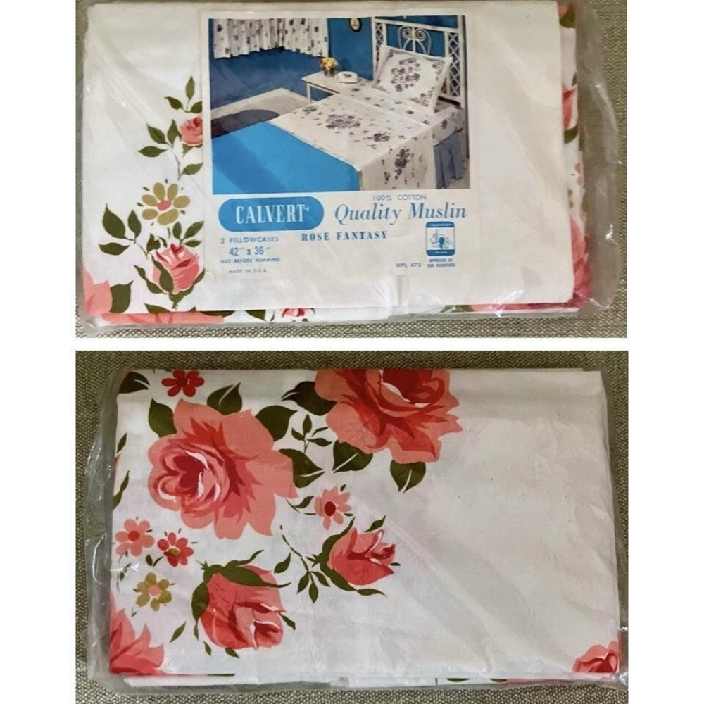 Vtg Hotel Standard Sizing 42" X 36" Rose Fantasy Pillowcases USA NOS Calvert